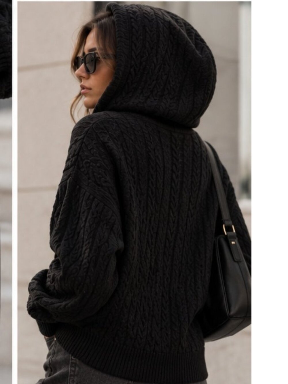 AQUA 100% Cashmere Cable Knit Zip Hoodie Black Sweater Size L